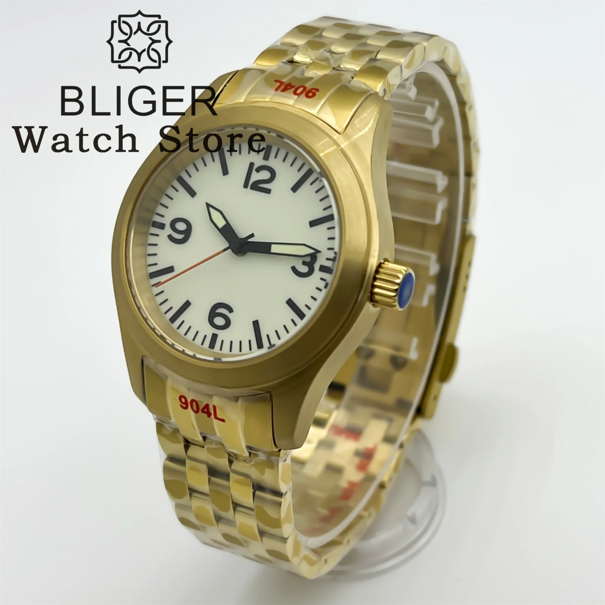 BLIGER 36mm 39mm reloj de buceo mecánico piloto dorado para hombres NH35 movt crema esfera blanca verde Super Lume zafiro correa inoxidable