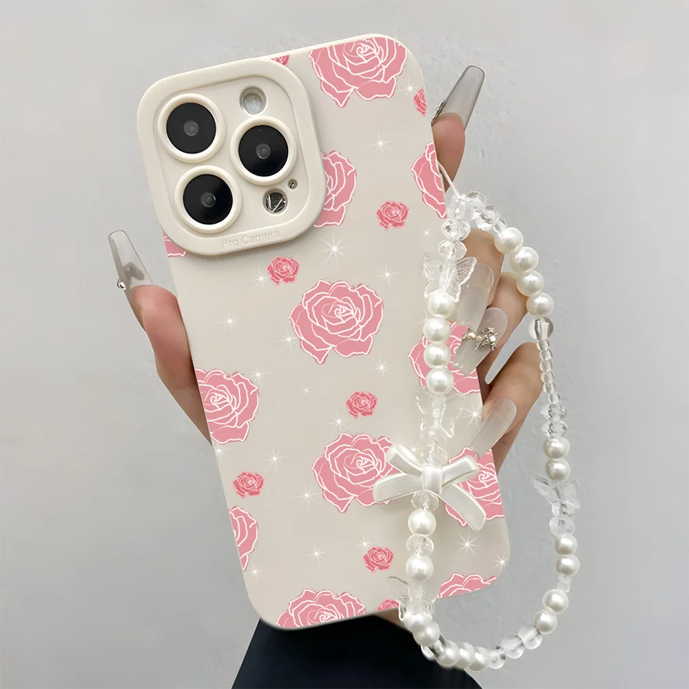 Coque de téléphone rose INS avec dragonne pour iPhone 17 16 15 14 13 12 11 Pro Max X XS XR 7 8 16E 17E Plus – Protection et lanière