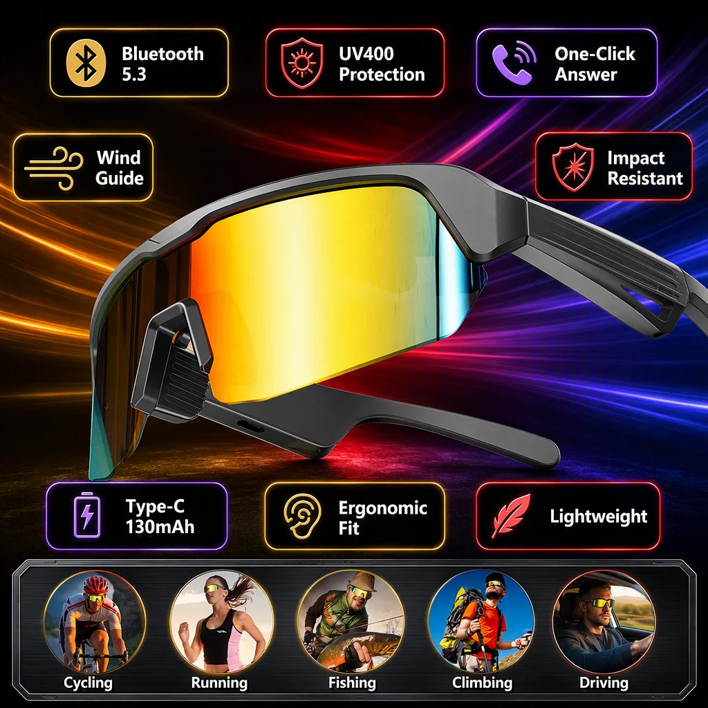 Audio Music Technology - Fahrrad- und Lauf-Smartbrille mit BT5.3-Technologie, Audio-Headset,