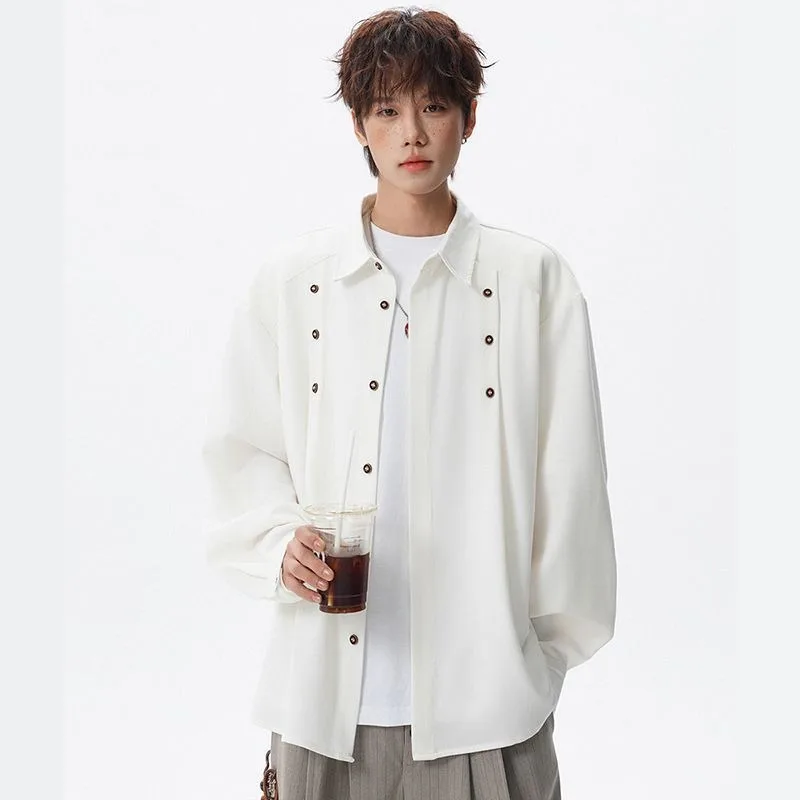 Men New Chinese Style Long Sleeve Shirt Loose Spliced Design Casual Trendy Blouse