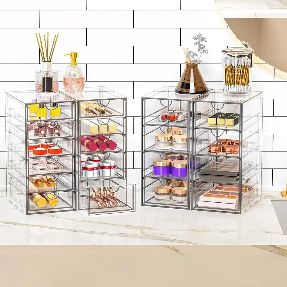 منظم مكياج أكريليك عالي الجودة مع 19 درجًا، و4 عبوات من أدراج تخزين شفافة، ومنظم مكياج الحمام للزينة #2