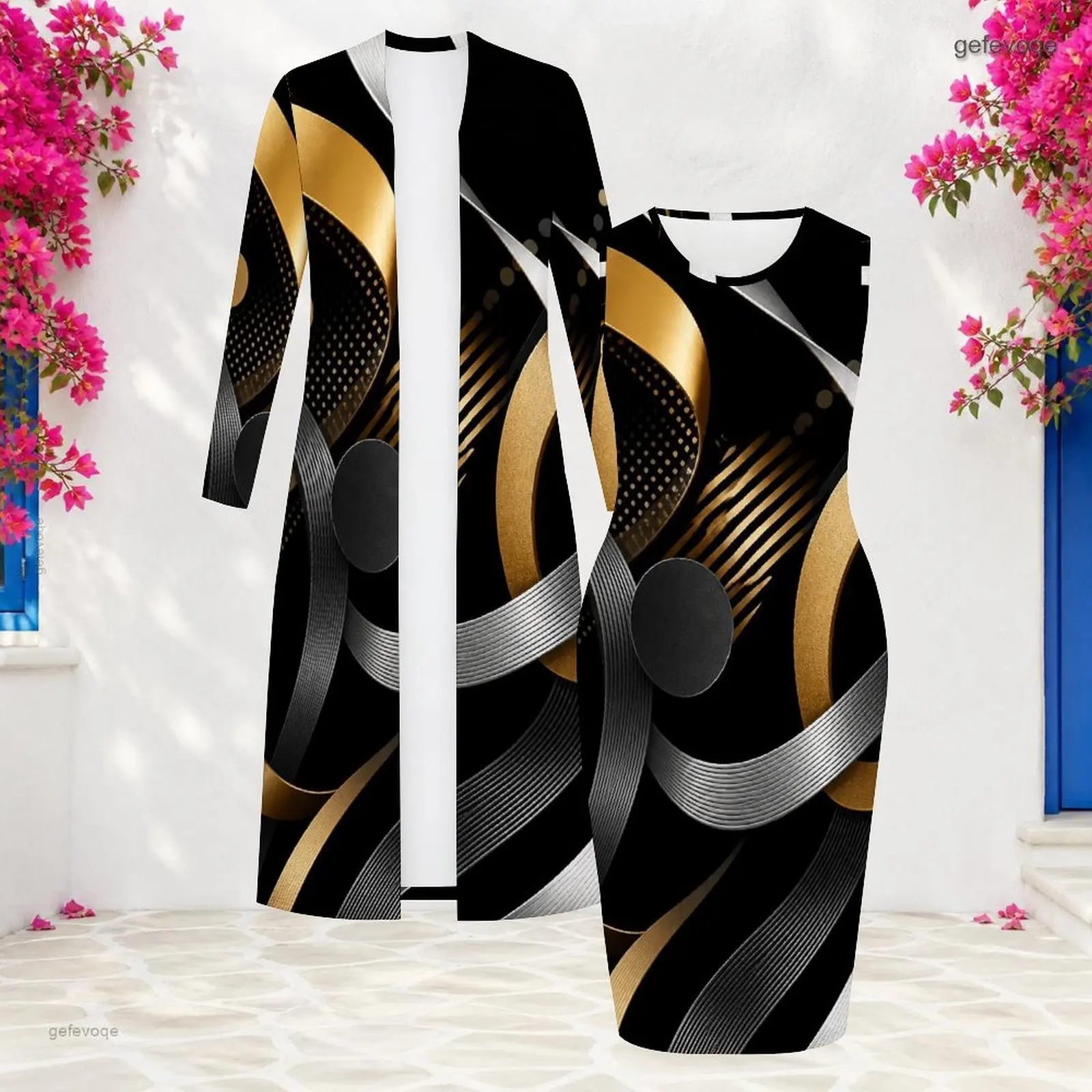Women Printed Dress Set Long Sleeve Long Open Front Cardigan Sleeveless Bodycon Dress Two Piece