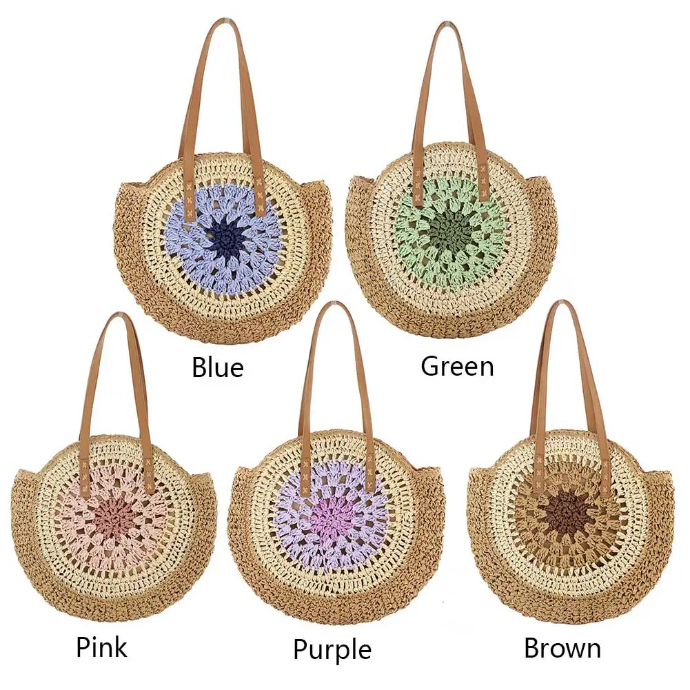Runde Sommer-Strohtasche mit Reißverschluss, Urlaubstasche, trendige große gewebte Strandtasche, Urlaubsreise-Handtasche für Frauen und Mädchen