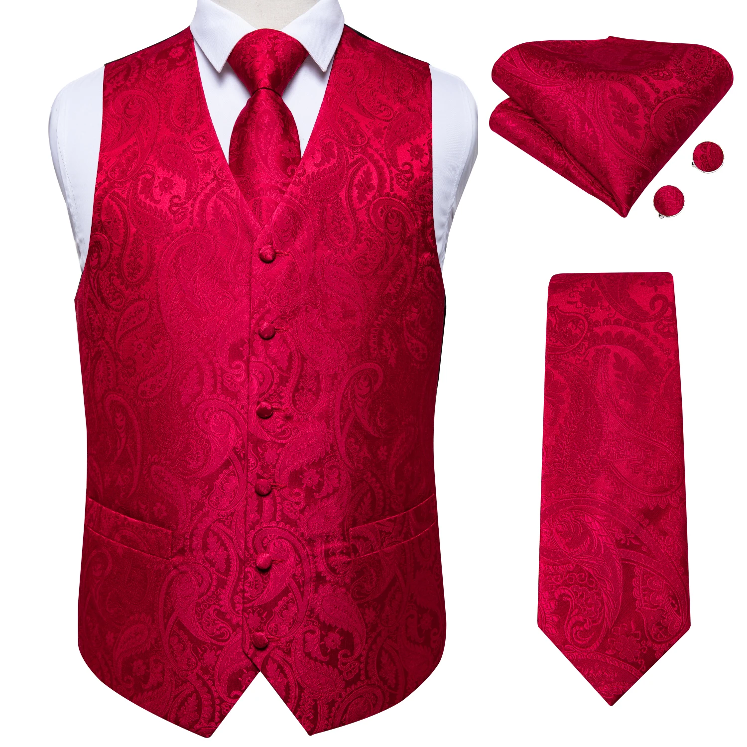 Paisley Floral Mens Waistcoat 4Pcs Set, Vest Tie Pocket Square Cufflinks, Formal Suit Accessories for Wedding Business