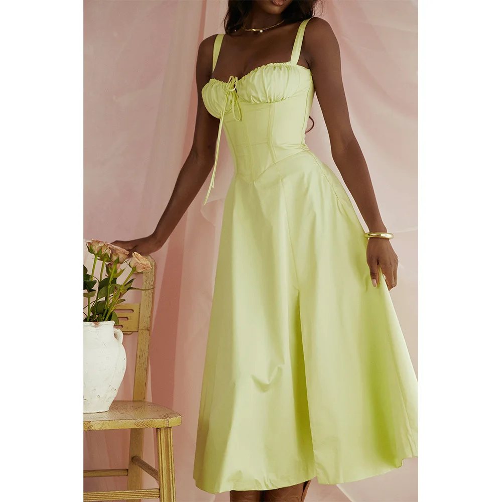 ICCLEK Elegant Summer Drawstring Midi Dress In Yellow Pleated Women Milksmaid Sundress Female Clothes Vestidos Invitada Mujer