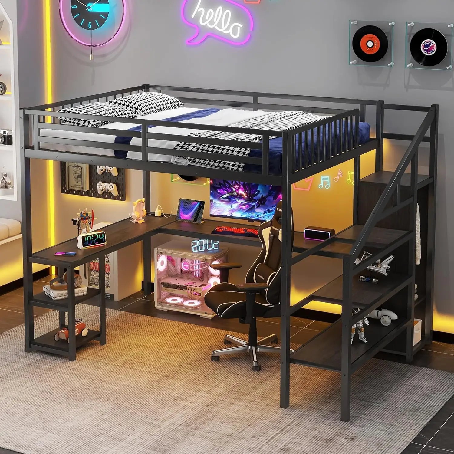 "Espacieux lit mezzanine avec bureau et escalier, lits mezzanines de jeu avec éclairage et rangement LED RVB, cadre de lit mezzanine en métal robuste