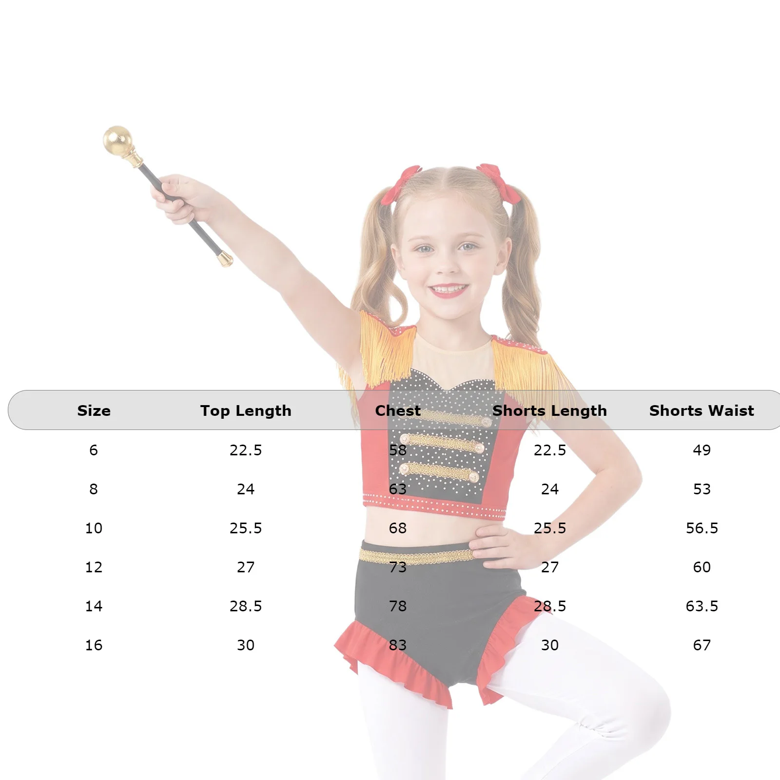 Kids Girls Circus Ringmaster Role Play Costume 2pcs Halloween Magician Set Sleeveless Tassel Epaulet Crop Top And Ruffled Shorts