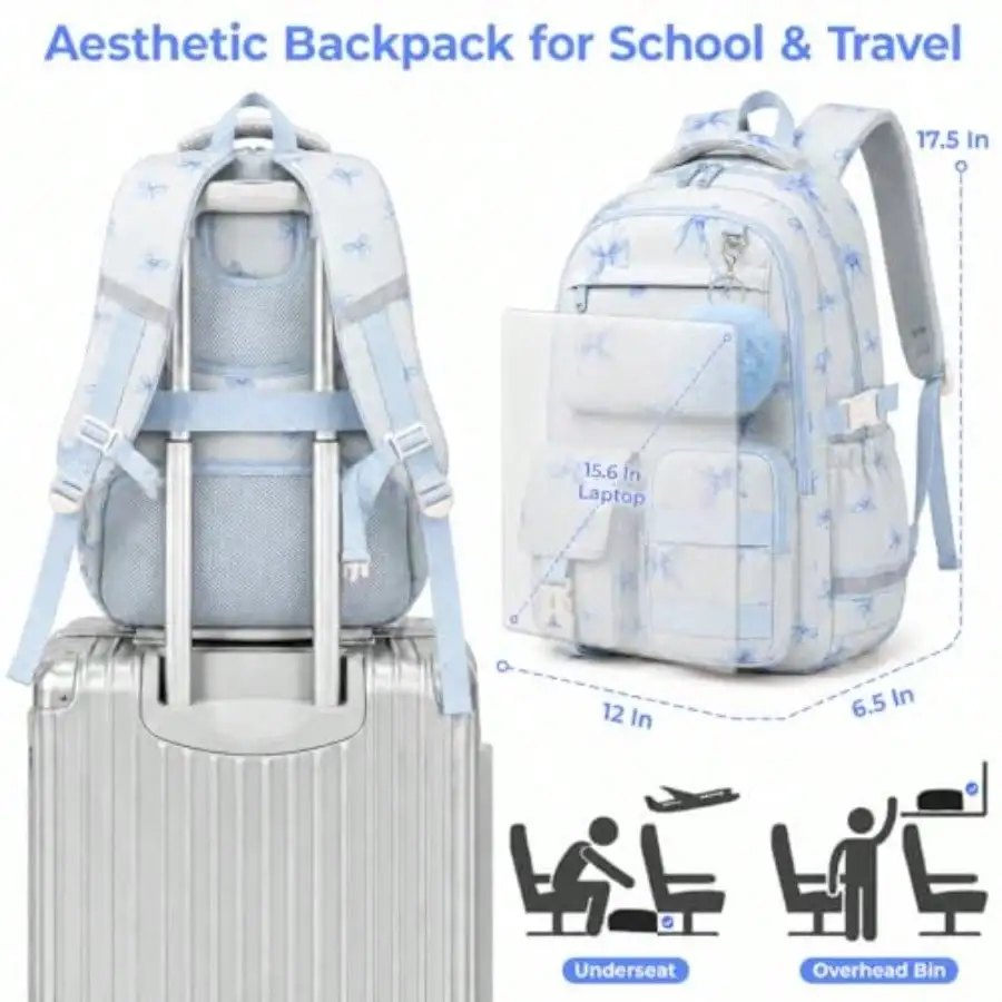 Cute Bow Backpack For Teen Girls, Large Capacity Multi-Pocket School Bag Fits 15.6 Laptop, Lightweight Durable Daypack For School And Travel Blue Bow, M