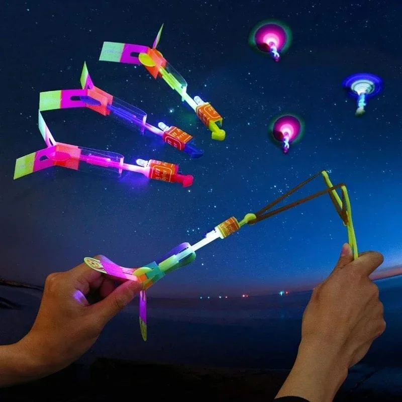 1/3/5/10pcs Amazing Light Toy Arrow Rocket Helicopter Flying Toy LED Light Toys Party Fun Gift Rubber Band Catapult