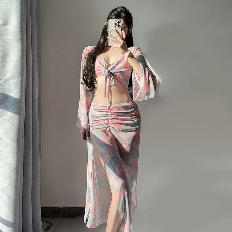 

Девичий комплект бикини из двух частей с эффектом омбре, 2025 г., сексуальный милый купальник из 4 предметов с подходящей накидкой, дизайнерская пляжная одежда