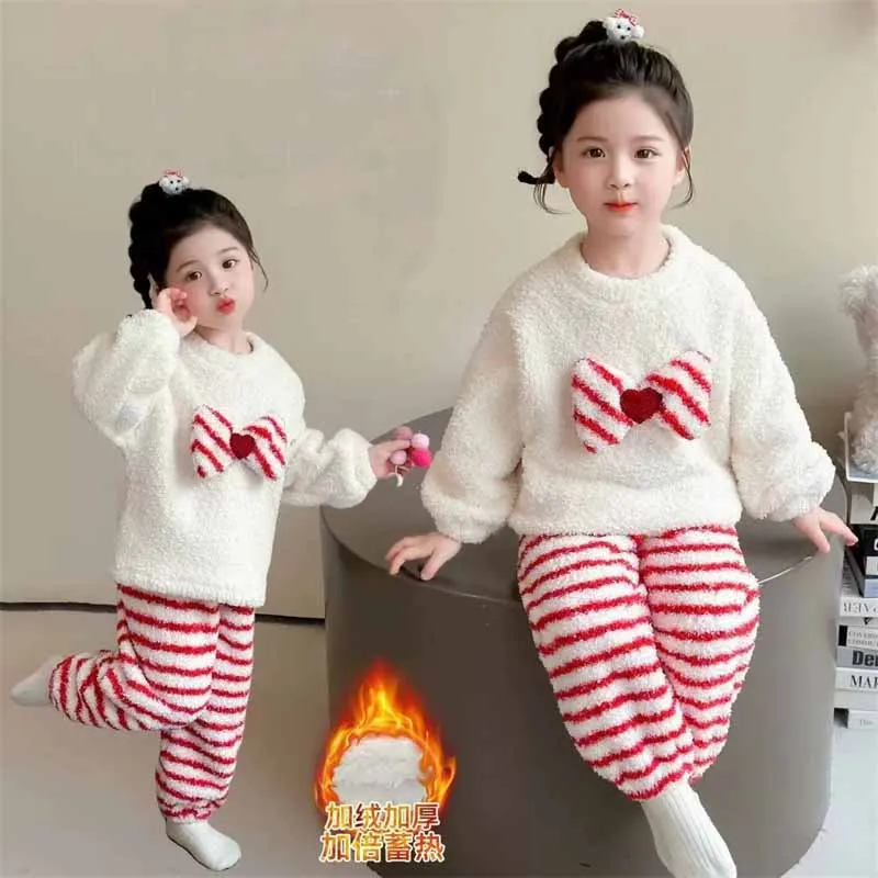 Girls Bow Tie Set Winter Fleece Suit Children Thicken Pyjamas Striped Pants 2Pcs Kid Casual Homewear Outfits Autumn Warm Clothes