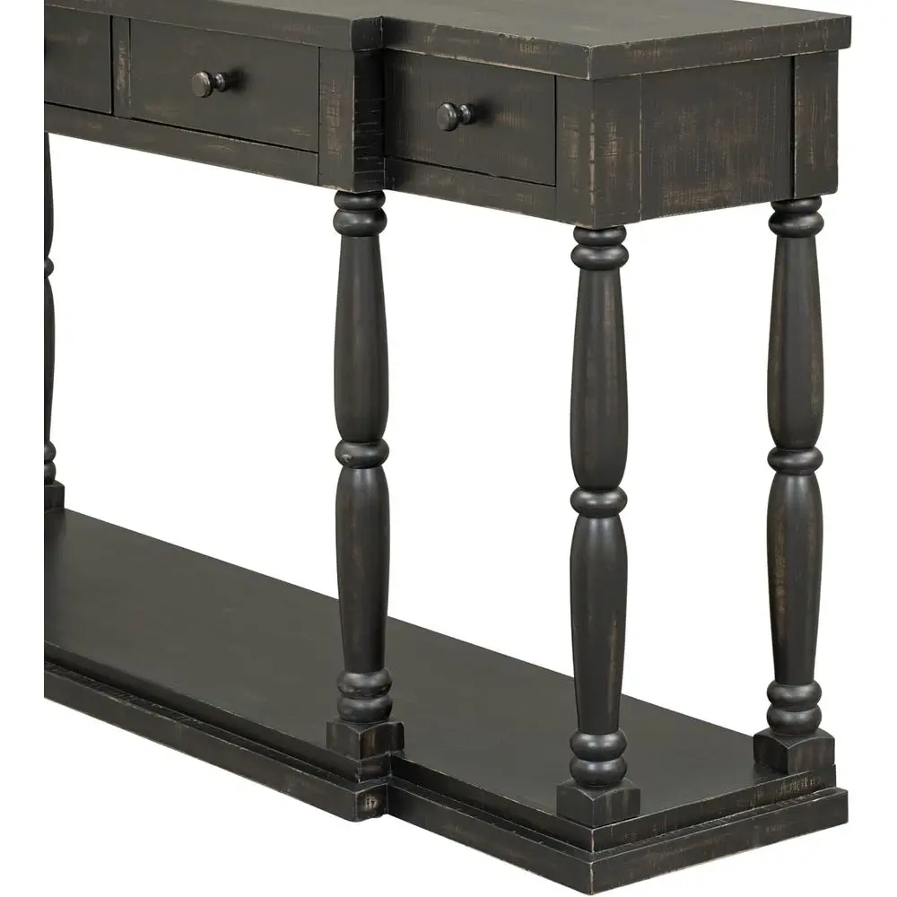 طاولة كونسول على الطراز العتيق مع 4 أدراج ورف، وخزانة بوفيه خشبية سوداء عتيقة للمدخل أو غرفة المعيشة أو غرفة النوم