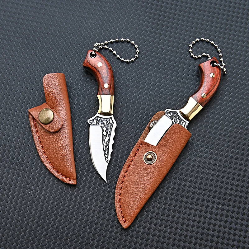 Portable Mini Kitchen Knife Outdoor Pocket Knife Keychain Portable  Knife Colored Solid Wood Handle Knife With Leather Case Acc