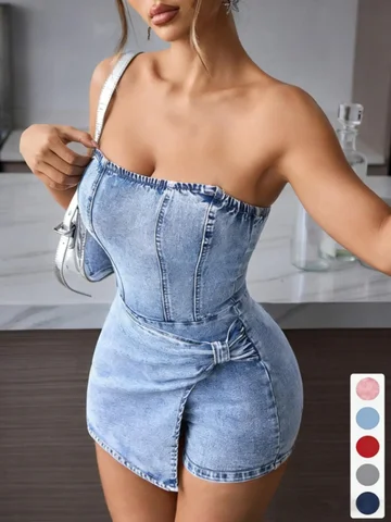 ✨ Women's Tube Top Denim Dress | Twisted Front Strapless Design, Summer Hot Girl Essential