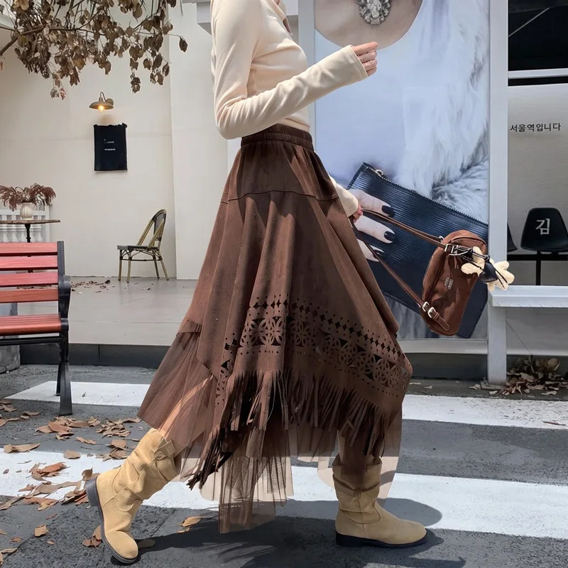 Gothic Black Irregular Midi Skirt For Women Elastic High Waist Hollow Cutout Fringe Tassel Mesh Tulle Spliced Swing A‑line Skirt