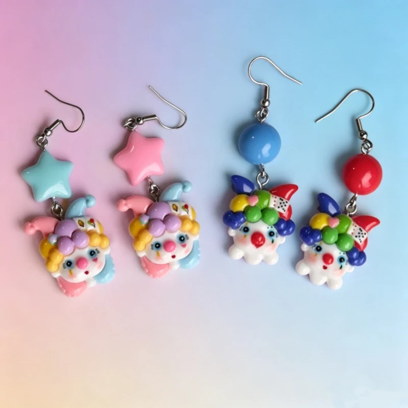 Colorful Asymmetric Clown Earrings, Funky Jester Drop with Star Bead, Weirdcore Statement Jewelry for Party Festival Gift