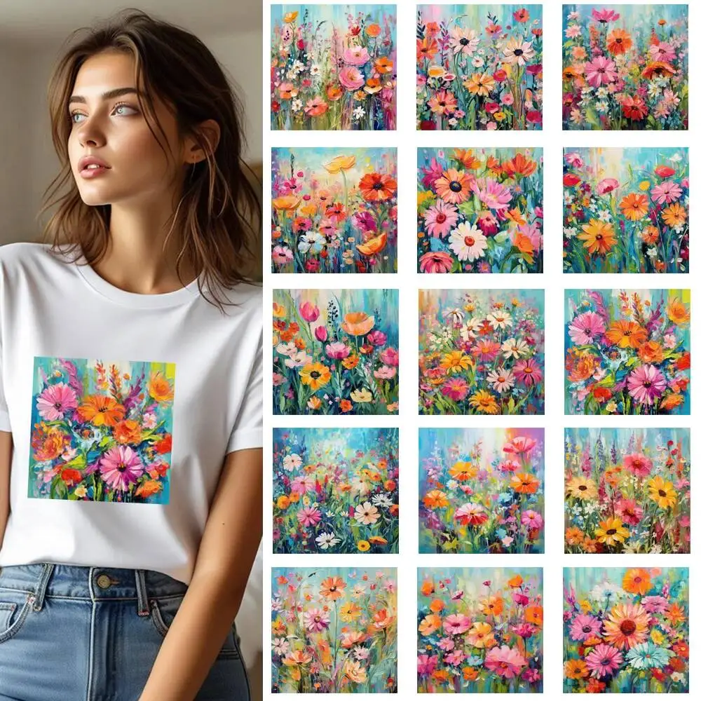 

25CM Fine Colorful Floral Oil Painting Heat Transfer Patches For Clothes DIY A-Level Washable Shirt Iron-on Thermal Stickers