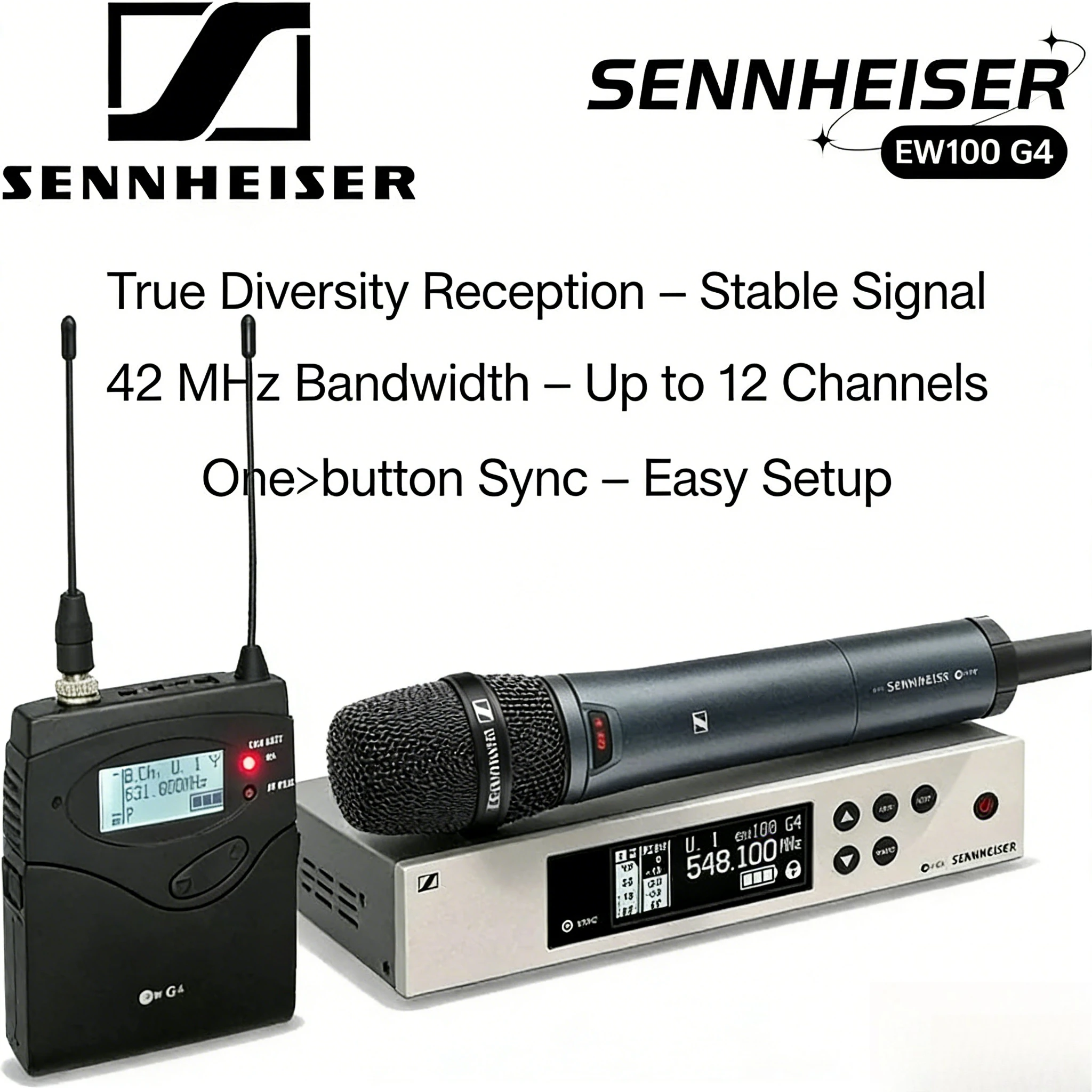 

Беспроводной микрофон SENNHEISER EW100G4 Professional для конференций, выступлений и гидов. Профессиональный комплект.