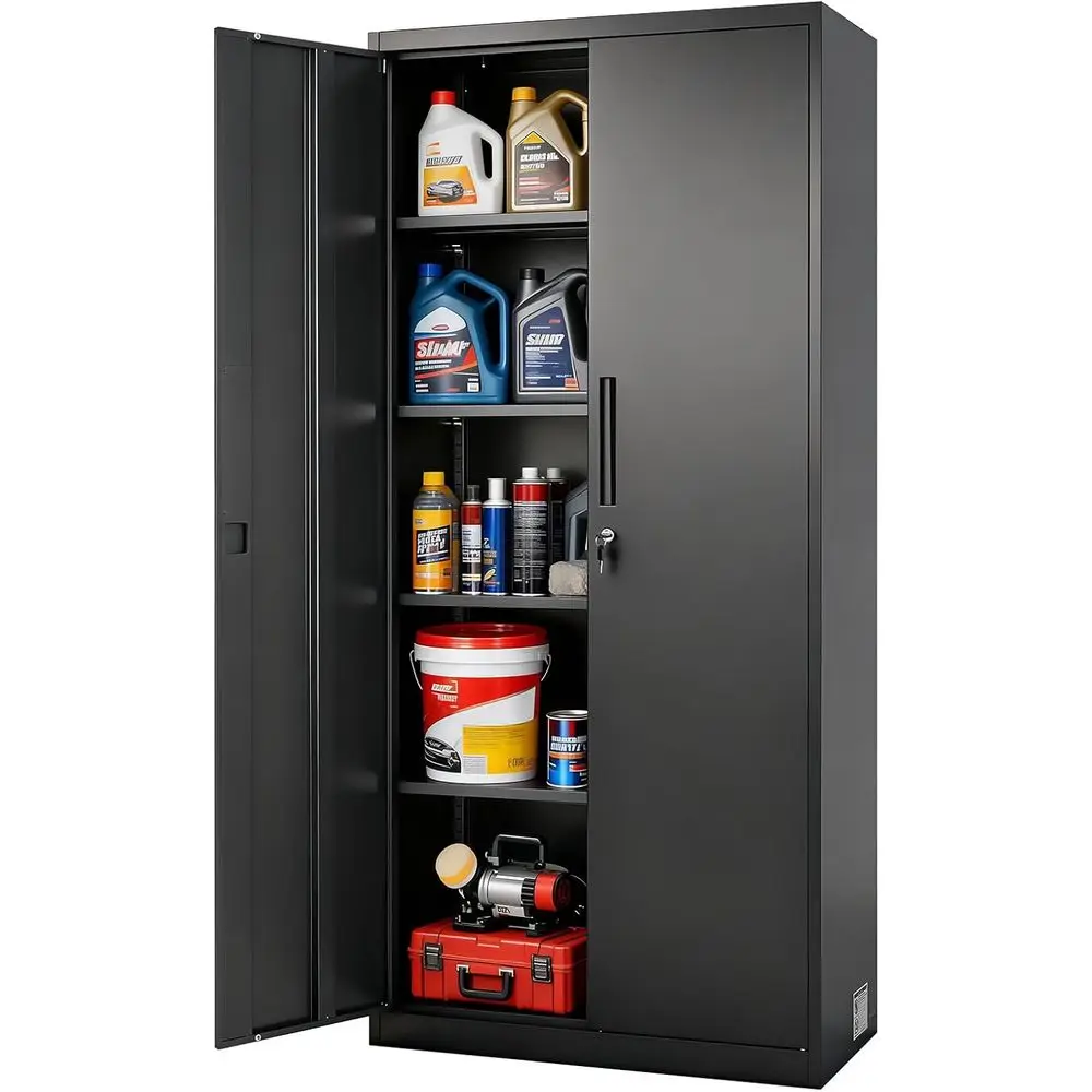 

Металлический шкаф для хранения, запираемый стальной гаражный шкаф с магнитной дверцей и регулируемыми полками, 2 ключа, 5-уровневый высокий шкаф для инструментов