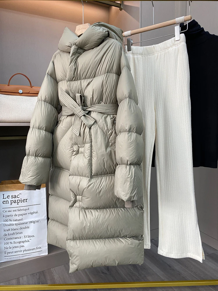 2023 New Oversize Hooded Winter Puffer Jacket Women Solid Thick Warm Sashes Tie Up White Duck Down Over The Knee Coat