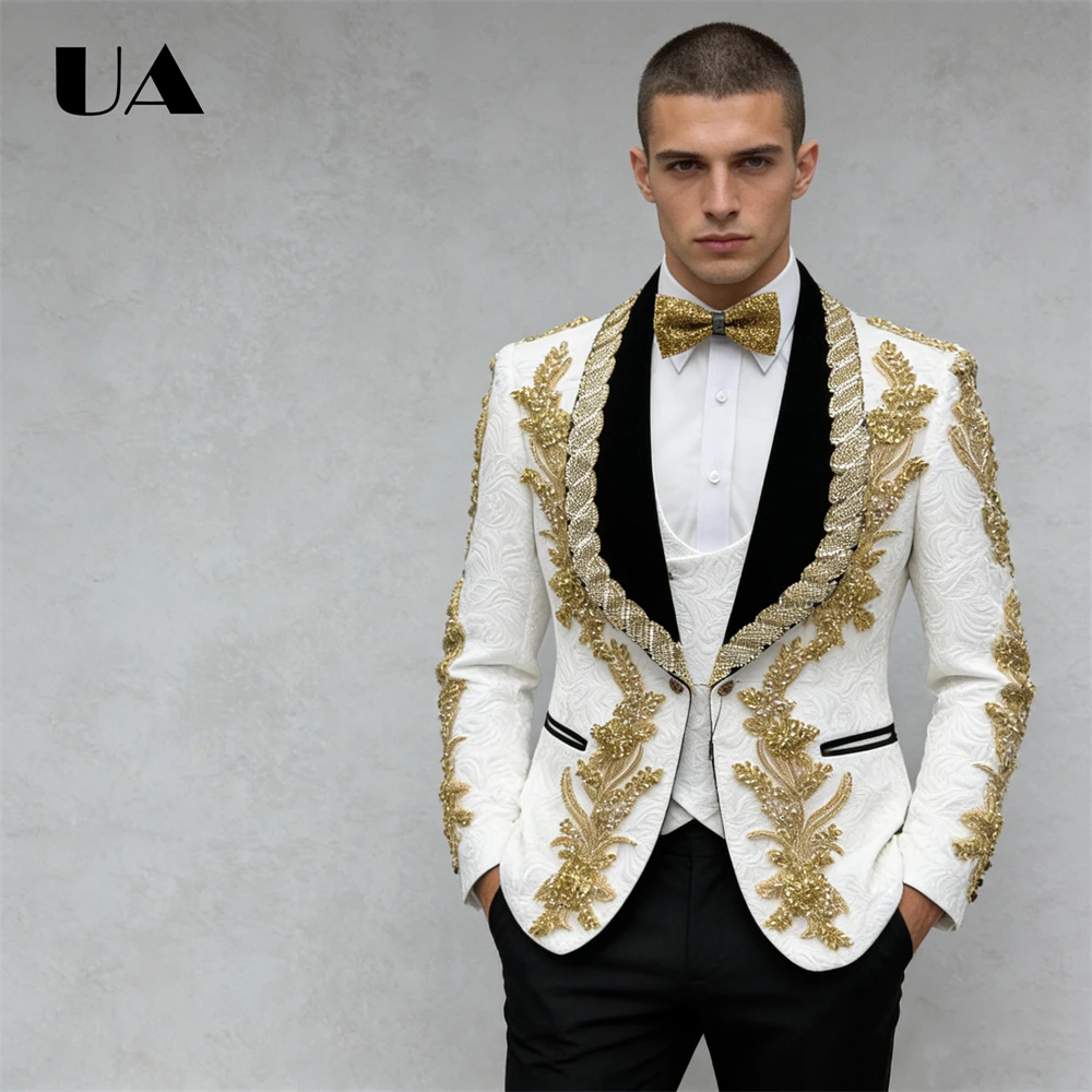

Luxury Handmade Men's Suit Set with Gold Rhinestones, Jacquaed 3-Pieces Suit Including Jacket Vest Pants Suit Attires