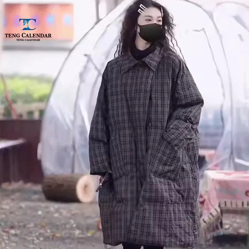 Long Cotton Jacket, Large Size Checkered Loose Padded Casual Personalized Jacket, Women's 2025 New Winter Style
