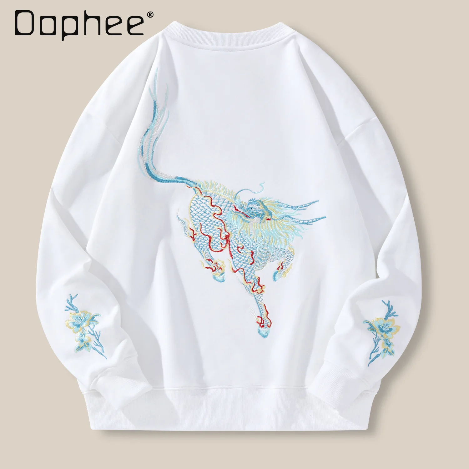 Men's Black Round Neck Sweatshirt with Traditional Chinese Kirin Embroidery Loose Casual Streetwear Style Long Sleeve White Top