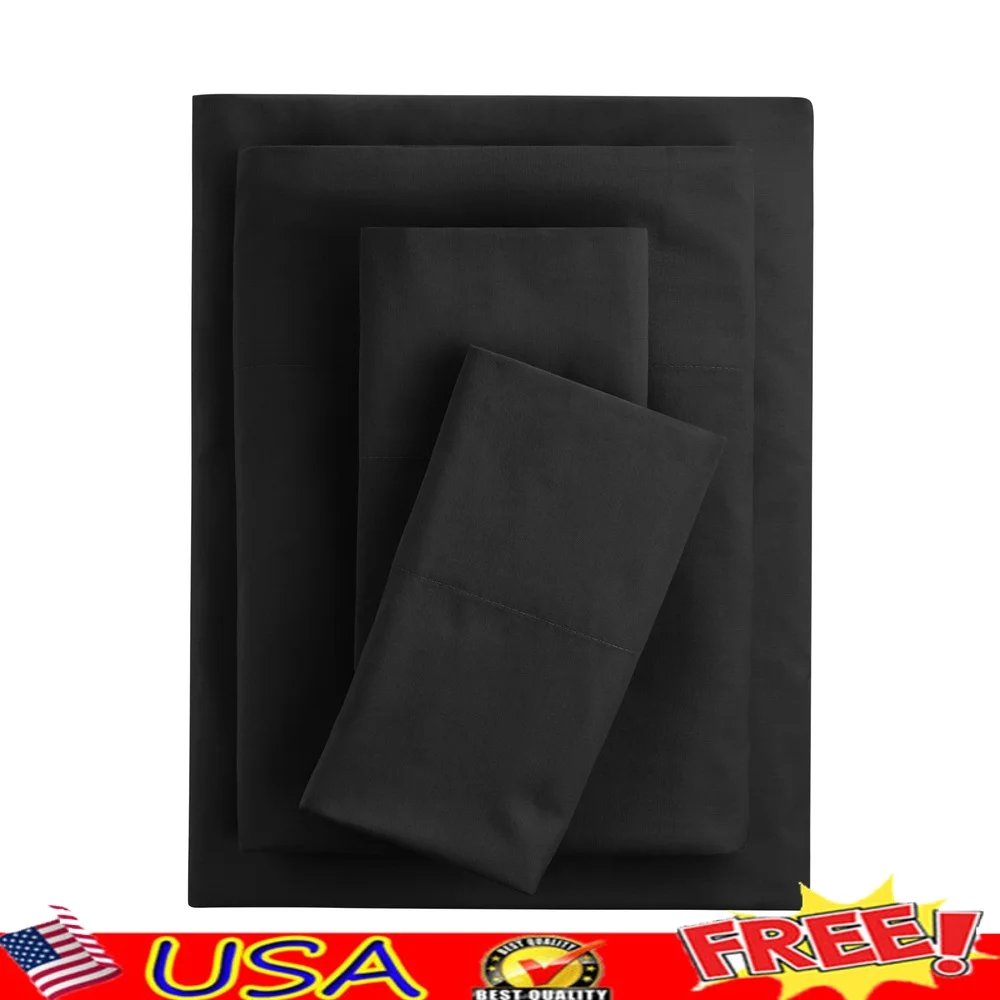 

4-Piece 300 Thread Count Rich Black CVC Cotton Blend Bed Sheet Set Queen Moisture Wicking Wrinkle Resistant Soft Durable All