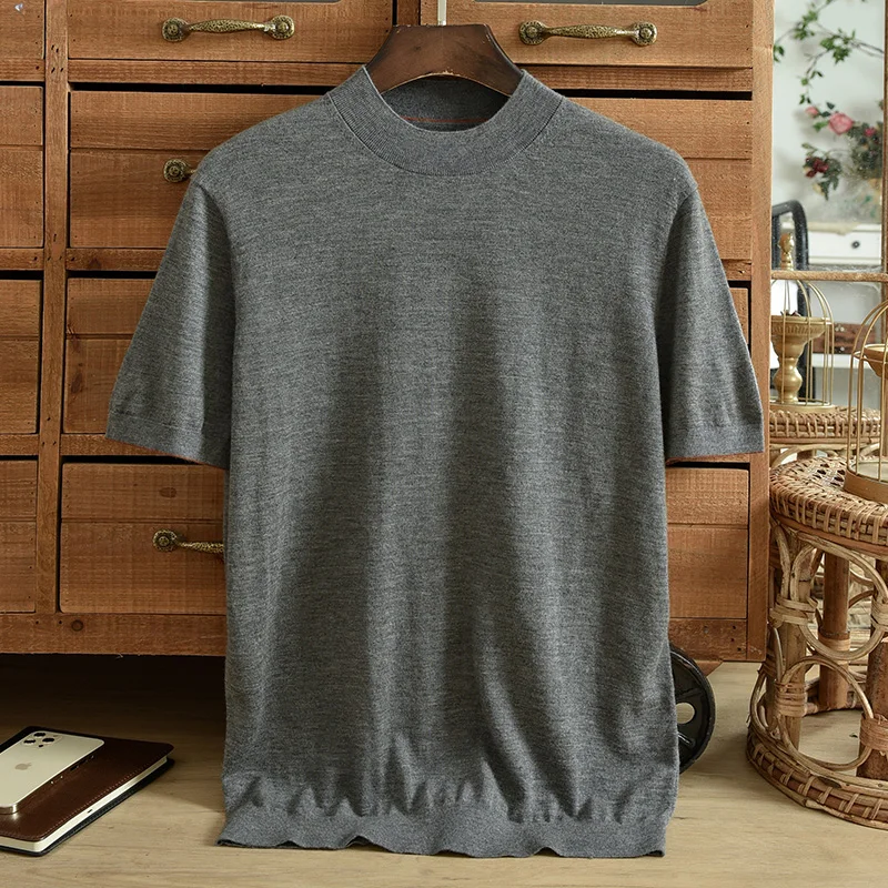 Autumn New Pure Cashmere Sweater for Men's Fine Spinning Thin Half High Neck Short Sleeve Solid Color Korean Underlay Sweater