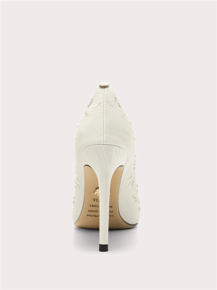 Stiletto high heels spring new pointed shallow rhinestone sequin pearl wedding shoes banquet large size small size women's shoes