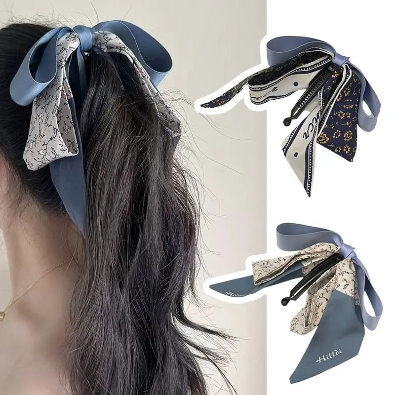 Silk Bow Banana Clip Women Elegant Ribbon Vertical Hair Clips Blue Hairpins New Fashion Headdress Hair Claw Headwear