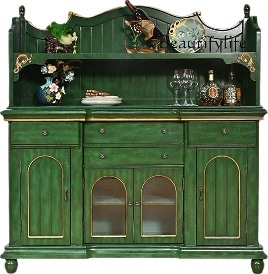 American Country Dining Side Solid Wood High Cabinet Wall Kitchen Shelf Wine Cabinet Integrated Retro Green