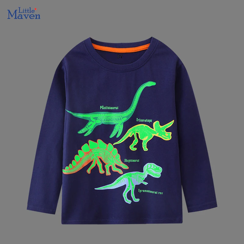 Little maven Baby Boys Long Sleeves T-shirt Cotton Cartoon Luminous Dinosaurs Tops Comfort for Kids Clothes Children\'s Clothing