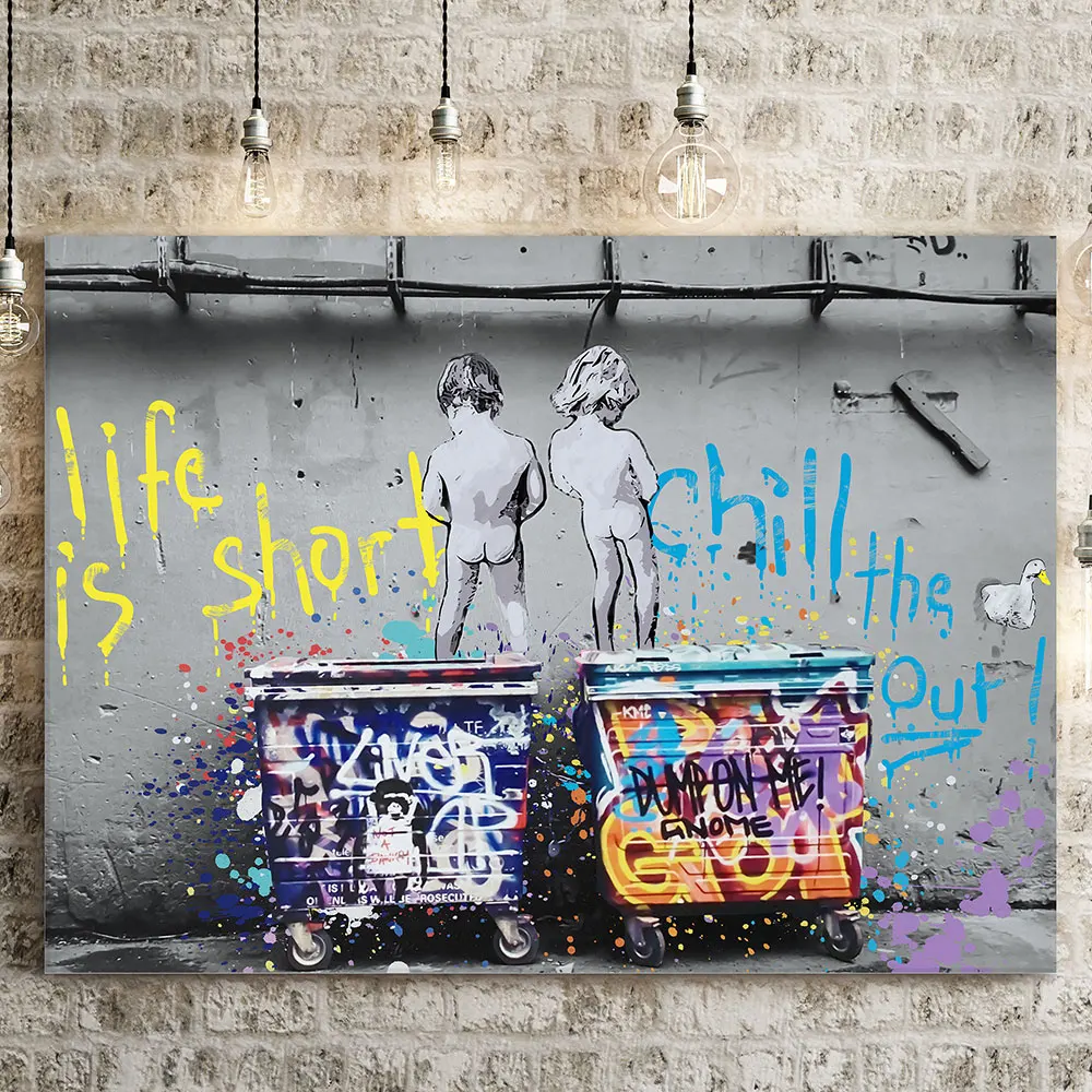 

Graffiti Street Pop Art Life is Short Abstract Canvas Painting Peeing Boys Poster Print Wall Picture For Room Home Artwork Decor