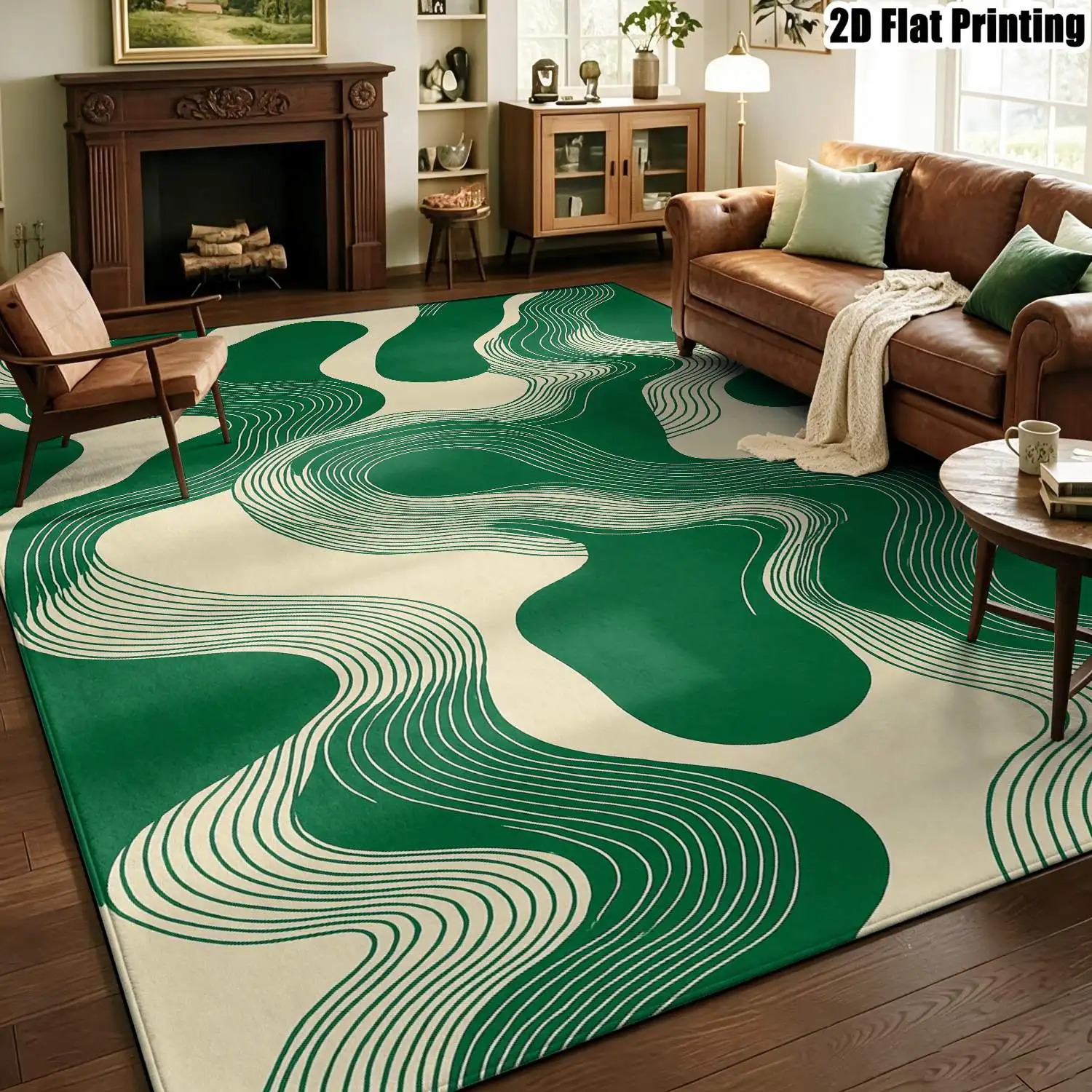 1Pc 2D Printed Carpet: Green Abstract Wave Geometric Pattern, Nordic/Instagram-Style, Modern Minimalist, Vintage, Multi-Size, Machine Washable, Suitable for Entrance, Dining, Foyer, Bedroom, Living Room as Home Decor Floor Mat