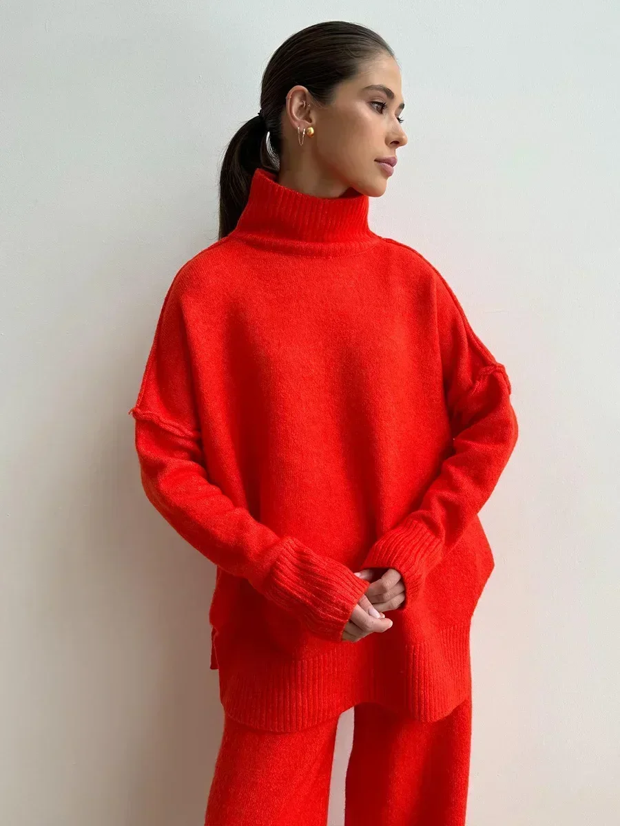 European and American Autumn and Winter High Neck Sweater Set for Women Loose Casual Lazy Thick Knit Pants Set