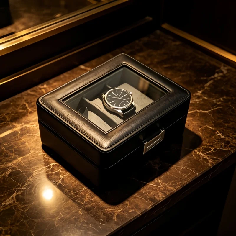 2Pcs Leather Watch Box Set, 3 Slot Lockable Watch Display + Self-Closing Pouch