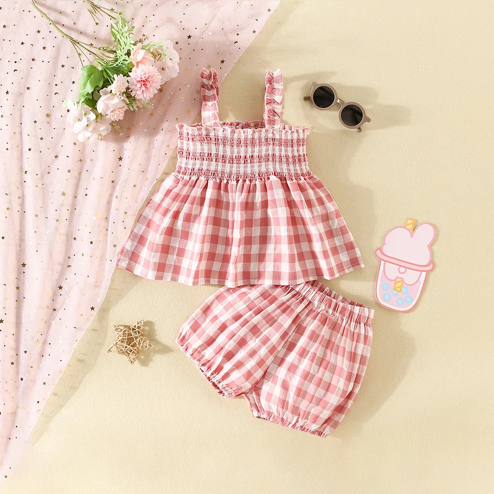 (0-3 Years Old Girls) Summer New Baby Girls Casual Suit Two-Piece Halter Pleated Top + Lantern Shorts Plaid Floral Buttons