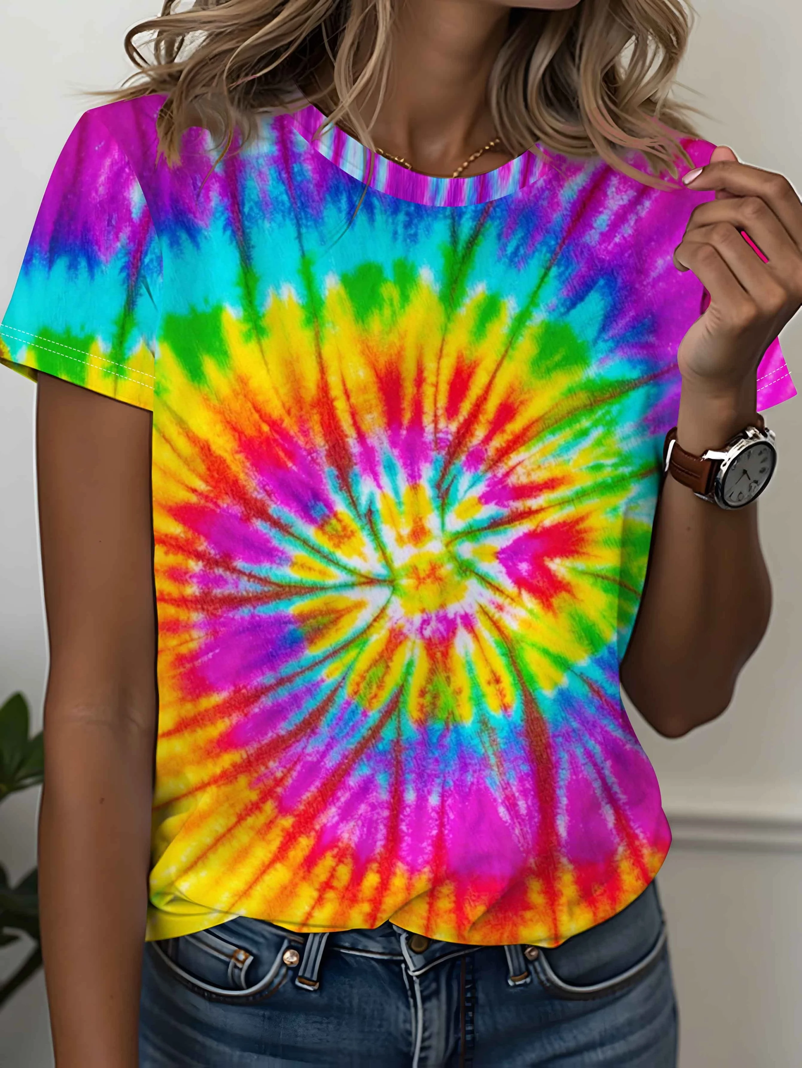 Women Crew Neck Short Sleeve T-shirt Vibrant Spiral Rainbow Tie Dye Print Hippie Retro Casual Summer Holiday Top