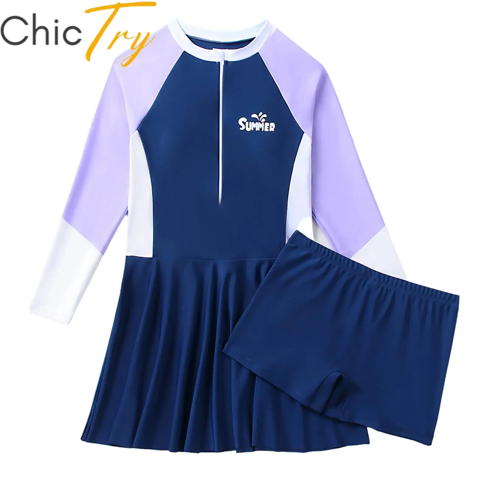 

Kids Girls Rash Guard Swimsuit Modest Swim Set Long Sleeve Swimwear Dress with Shorts for Summer Beach Holiday Bathing Suits