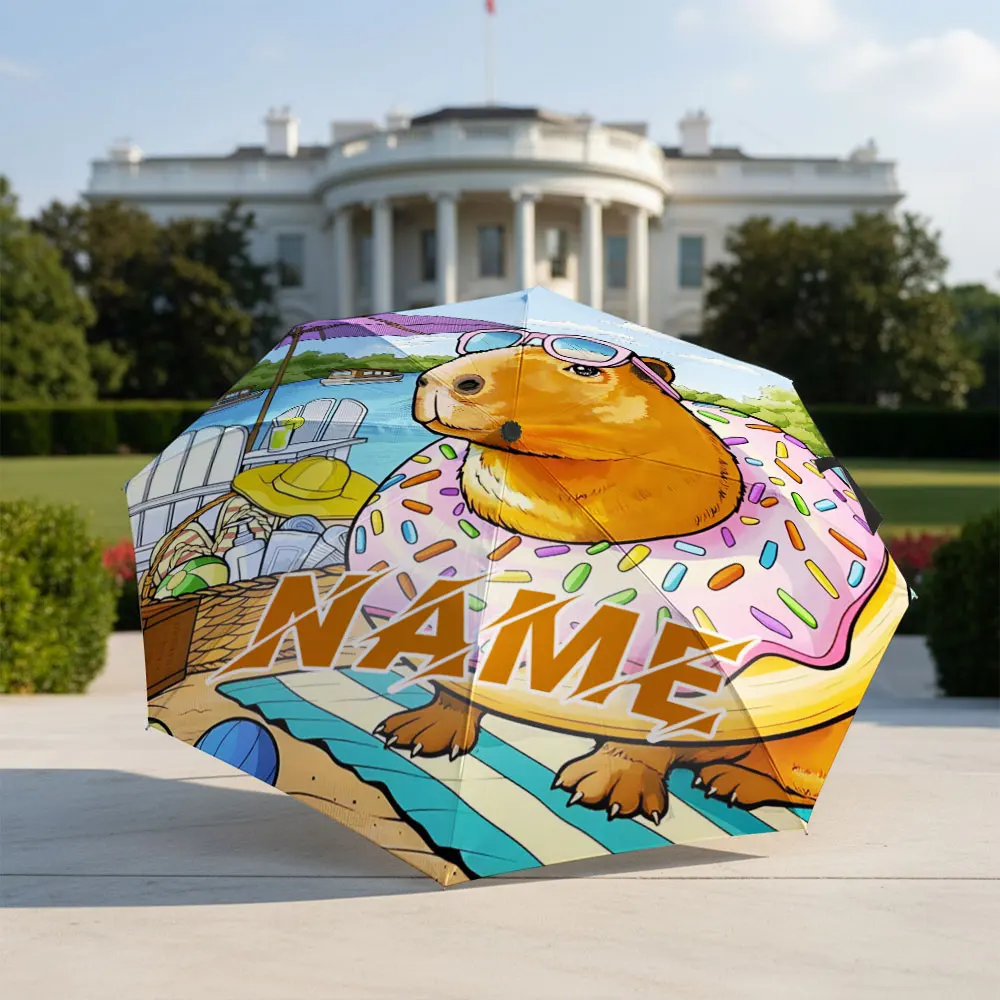 Custom Name umbrella, Vibrant Beach Scene with Capybara Donut Float & Sunglasses Folding Umbrella for Sunny and Rainy Days
