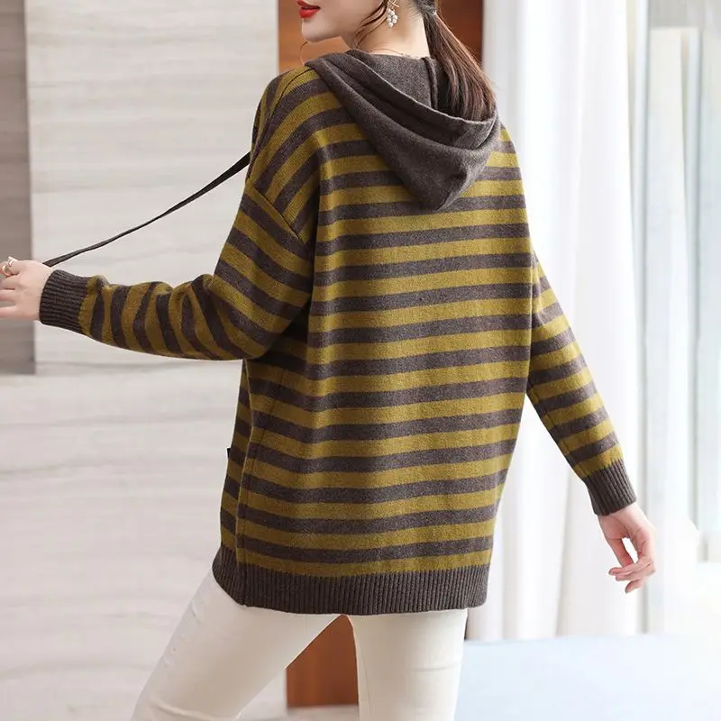 Striped Hoodies Sweatshirt for Women Warm Cold Knitwear Sweater New in Essential Sport Autumn and Winter Woman Hooded Tops Thick