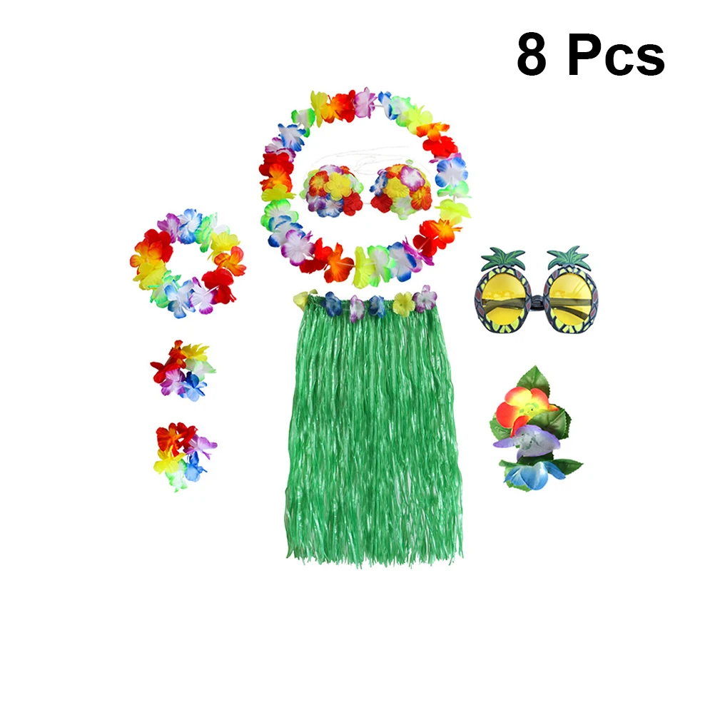 

8 PCS Dance Costume Hawaiian Party Outfits Accessories Dress for Girls Grass Skirt up