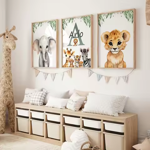 Personalised Name Safari Animal Nursery Kids Birthday Gift Posters Custom Safari Animal Nursery Room Decoration Canvas Painting
