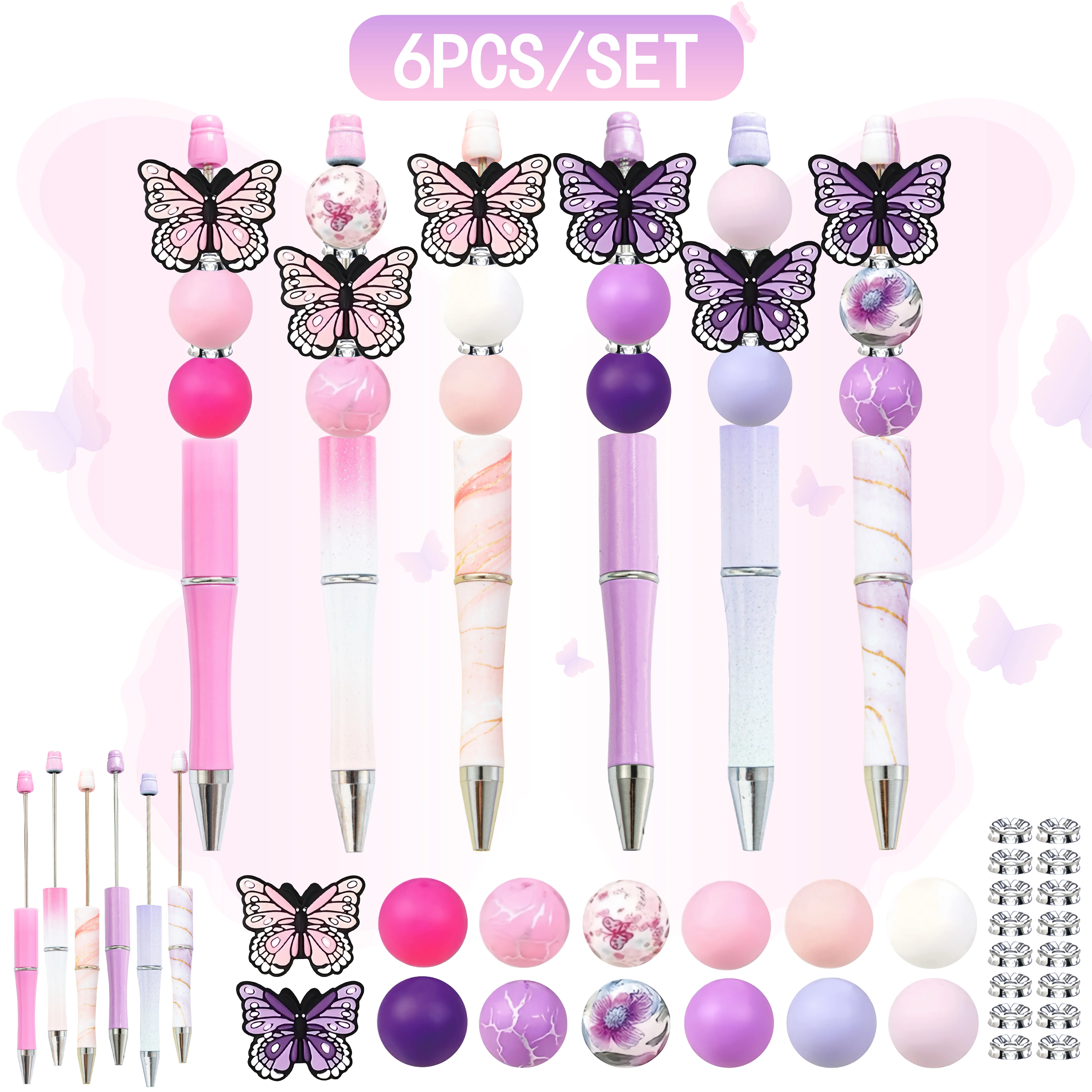 

6PCS New Spring Summer Pink Purple Gradient Butterfly Silicone Beads And DIY Bead Ballpoint Pens Set, Office &School Supply