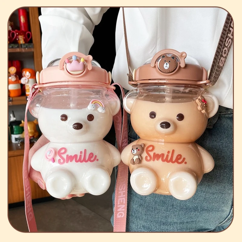 1000ml Water Bottle Girls Cartoon Bear Plastic Water Cup With Straw Cute Drinking Cup Portable Mug Children Kawaii Strap Kettle
