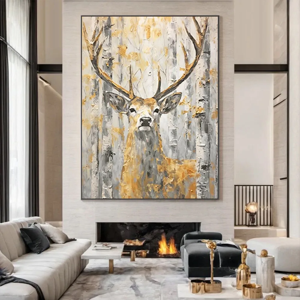 100% Hand-Painted reindeer Oil Painting On Canvas Abstract Golden Animal Wall Art Picture big animal mural for home Decor paint