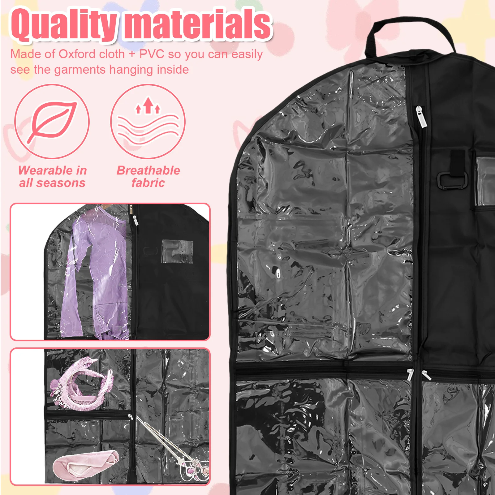 2Pcs Kids Garment Bag Dustproof Clothes Storage Bags Breathable Dance Recital Bag with 6 Pockets Garment Protector Kit for Home