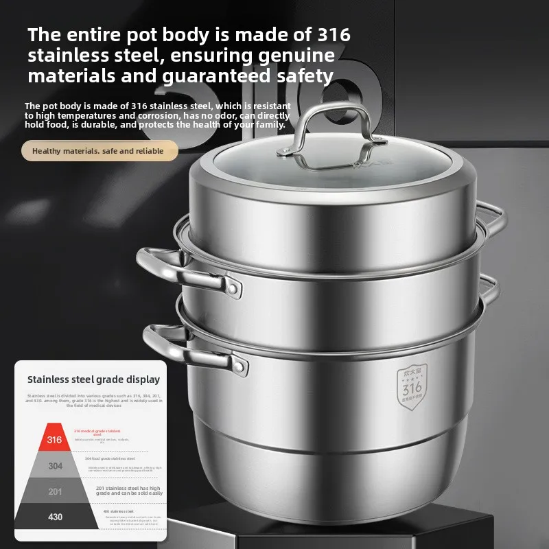 316 Stainless Steel Multilevel Steamer Pot Large Capacity Home Use Induction Gas Compatible Steam Buns  Household Steamer Pot