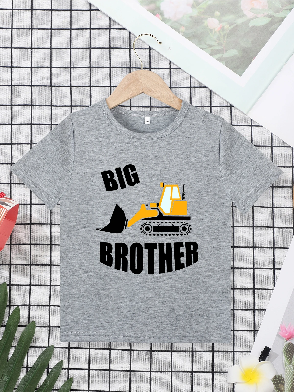 Big Brother Bulldozer Print Kids T-shirts Grey Casual Versatile Stylish Boys Clothes Loose Breathable Summer Tops Comfy Fabric